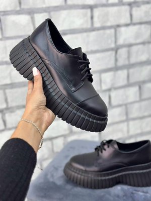 Жіночі туфлі чорні на платформі на шнурках натуральна кожа 1-2 12193-41 фото