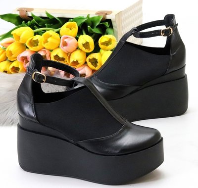 Жіночі туфлі чорні на танкетці натуральна шкіра 5-2 10551-41 фото