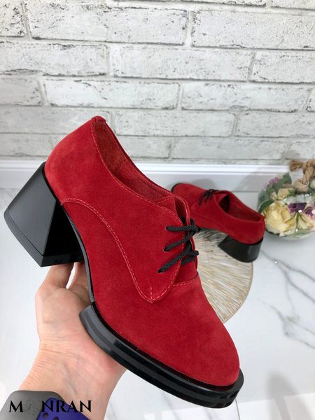 Жіночі туфлі червоні на стійкому каблуці натуральна замша 1-2 14192 фото