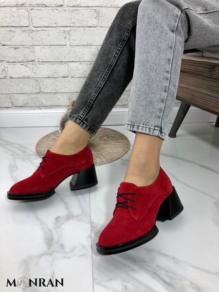 Жіночі туфлі червоні на стійкому каблуці натуральна замша 1-2 14192 фото