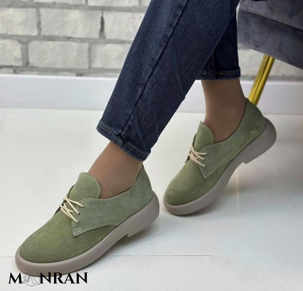 Жіночі туфлі олива невисока платформа на шнурках натуральна замша 1-3 10296 фото