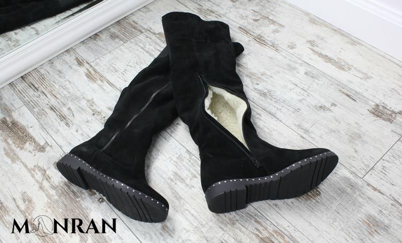 Жіночі чоботи-ботфорти з натуральної замші чорні без каблука TENOR 10437-z-41 фото