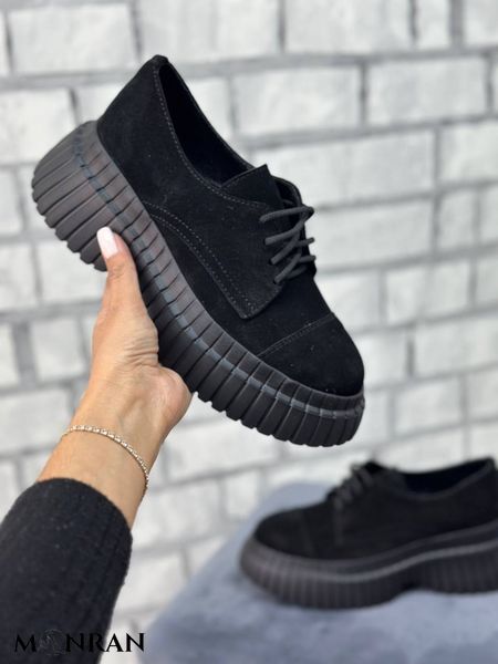 Жіночі туфлі чорні на платформі на шнурках натуральна замша 1-1 12195 фото