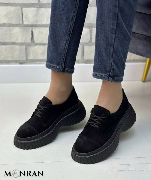 Жіночі туфлі чорні на платформі на шнурках натуральна замша 1-1 12195 фото