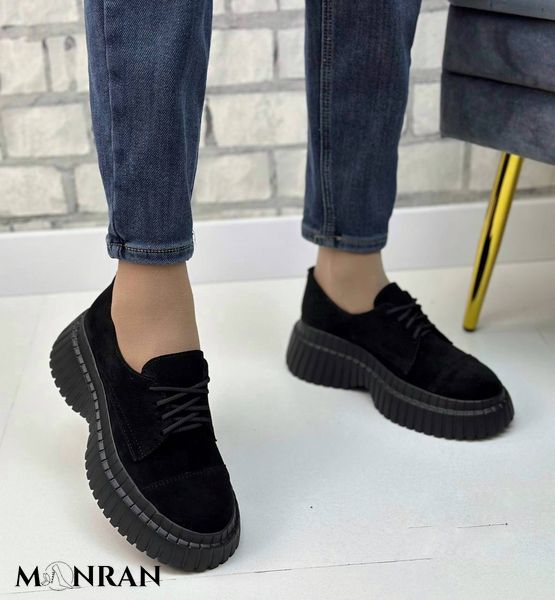 Жіночі туфлі чорні на платформі на шнурках натуральна замша 1-1 12195-41 фото
